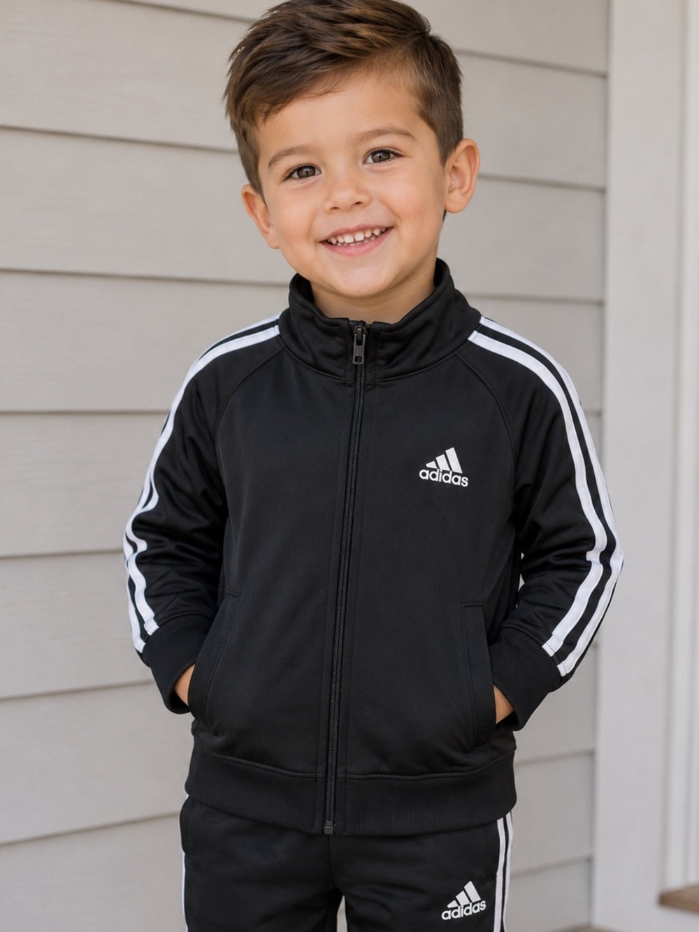 adidas Black Kids Zip-Up Track Jacket with White Stripes